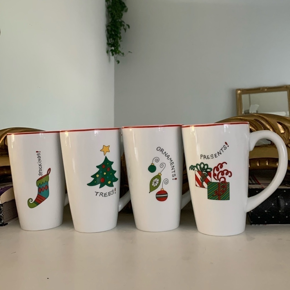 Fitz and Floyd Christmas Mugs tall set of 4 holidays‎ red white green